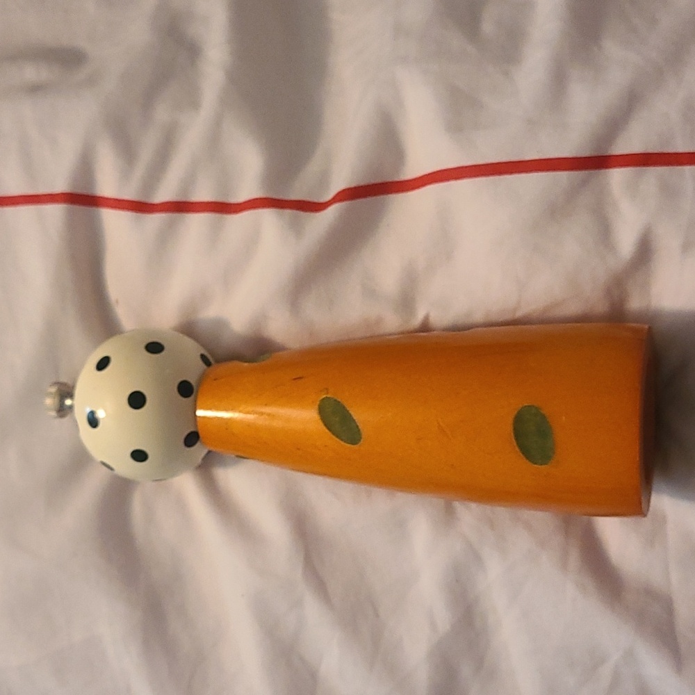 William Bounds Pepper Mill. Wood Art. White, black Polka Dots, Orange Base Green